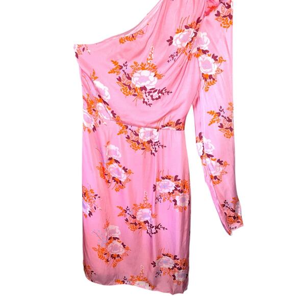 Les Reveries One Sleeve Pink Satin Floral Print Mini Dress size 0 - Picture 8 of 15